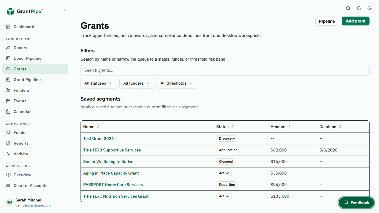 GrantPipe grant portfolio preview
